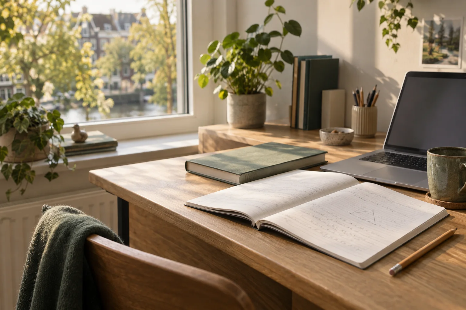 Een open boek en laptop op een rustige studieplek bij het raam, in warm daglicht.
